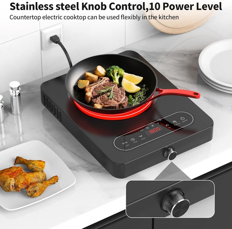 Bgk Single Burner Electric Cooktop, 110V 1800W Electric Cooktop with LED Touch Controls and Knob Controls, 10 Power Levels, 4-Hour Timer, Safety Lock, Single Burner Overheat Protection - Image 5
